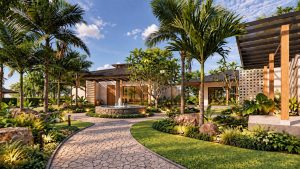 Garden pathway to the fountain courtyard of the new villas – artist’s impression